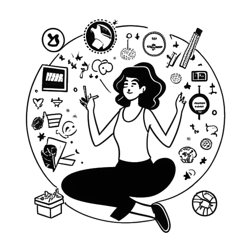 Line art drawing of a woman, representing Kris Tyson, in an energetic stance with social media and filmmaking icons such as a clapperboard, globe, and a heart, symbolizing her global influence and cherished following, against a white background.