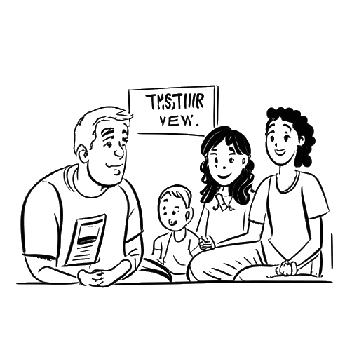 Dibujo de arte lineal de una familia viendo una reacción en video, representando a Kris Tyson