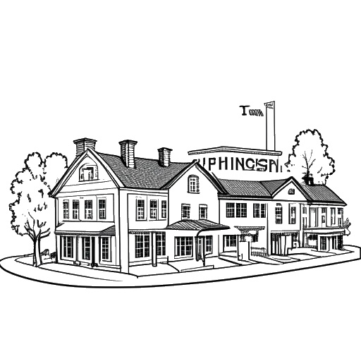 Line art drawing of a small conservative town representing Kris Tyson's hometown