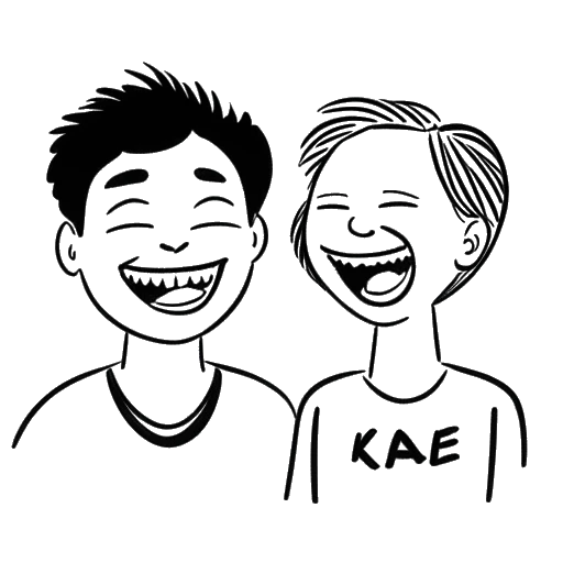 Strichzeichnung von zwei Freunden, die lachen, die Kris Tyson und Karl aus der MrBeast-Crew repräsentieren