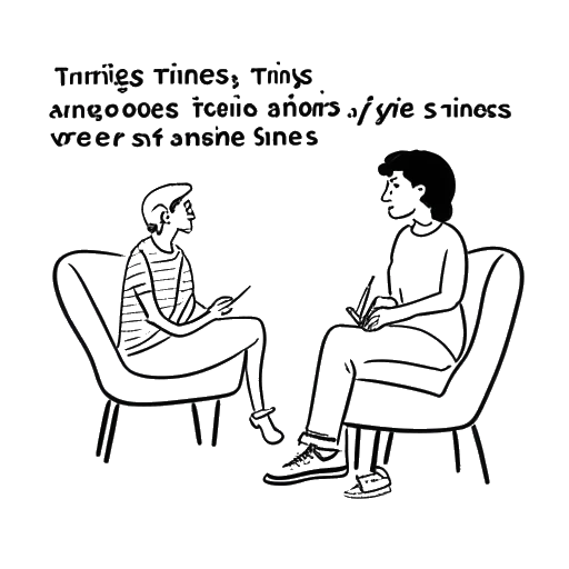 Dibujo de arte lineal de una persona sentada en una sesión de terapia, representando el viaje de Kris Tyson