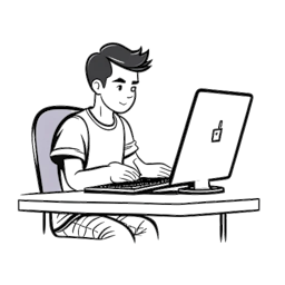 Strichzeichnung eines Mannes, der Trymacs repräsentiert und engagiert Clash Royale-Inhalte auf seinem Computer produziert.