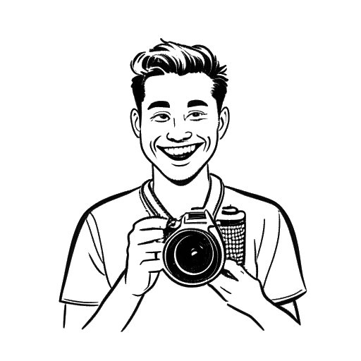 Strichzeichnung eines Mannes, der Trymacs darstellt, lächelt und hält eine Kamera
