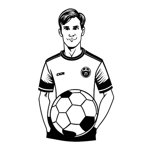 Strichzeichnung eines Mannes, der Trymacs darstellt, trägt ein 'FC Köln'-Trikot, hält einen Fußball