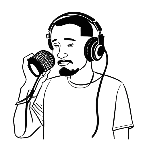 Strichzeichnung eines Mannes, der Trymacs darstellt, hält ein Mikrofon mit Kopfhörern mit der Beschriftung 'Offline + Ehrlich'