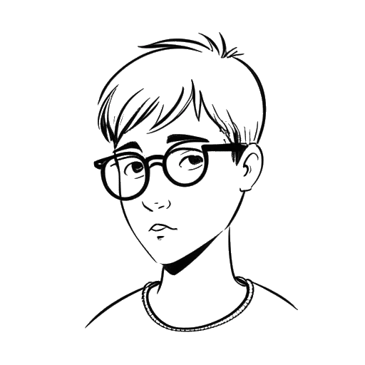 Strichzeichnung eines Jungen, der Trymacs darstellt, mit kurzen Haaren und Brille, erscheint schüchtern