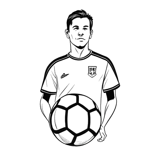 Strichzeichnung eines Mannes, der Trymacs darstellt, trägt ein Trikot von 'SSV Hardstuck', hält einen Fußball