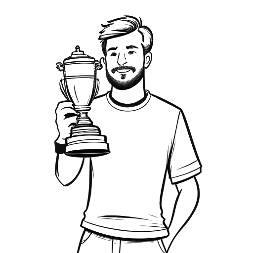 Strichzeichnung eines Mannes, der Trymacs darstellt, hält einen Pokal mit dem Twitch-Logo