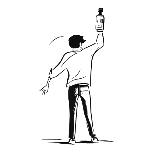 A man representing Ron Bielecki holding a 'Tornado' style bottle and being escorted by security at a concert venue, depicted in a one-line drawing, embodying his controversial moments, against a white background.