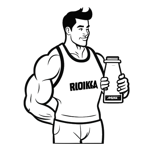 Strichzeichnung eines Mannes, der Ron Bielecki darstellt, der einen Proteindrink hält, im Hintergrund ein Logo von Rocka Nutrition