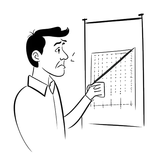 Strichzeichnung eines Mannes, der Ron Bielecki darstellt, der mit einem entschlossenen Ausdruck eine Tabelle mit einem darauf geschriebenen Ziel betrachtet
