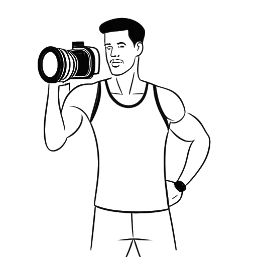 Strichzeichnung eines Mannes, der Ron Bielecki darstellt, der eine Kamera hält, mit einer Hantel und einem Fitness-Outfit im Hintergrund
