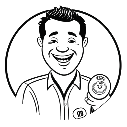 Strichzeichnung eines Mannes, der Ron Bielecki darstellt, der einen Casinochip, eine Zahnbürste und eine Tüte Chips hält, im Hintergrund Logos von Stake, Dr. Smile und Salitos