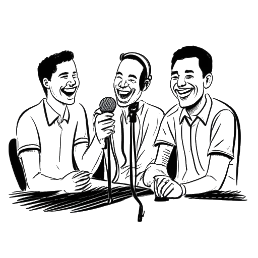 Strichzeichnung von drei Männern, die Ron Bielecki, Henry Gajewski und Pepe darstellen, die um ein Mikrofon mit einem Lächeln sitzen