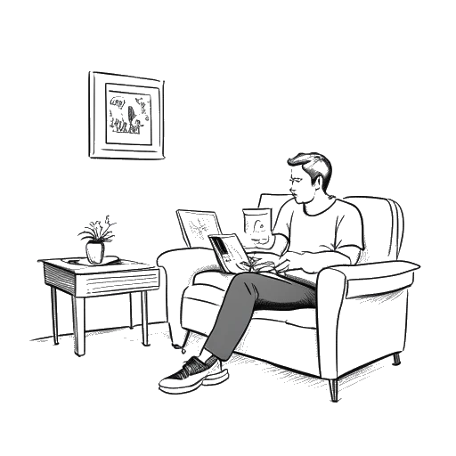 Strichzeichnung eines Mannes, der Ron Bielecki darstellt, der auf einer Couch sitzt, ein Getränk hält und ein Familienfoto betrachtet