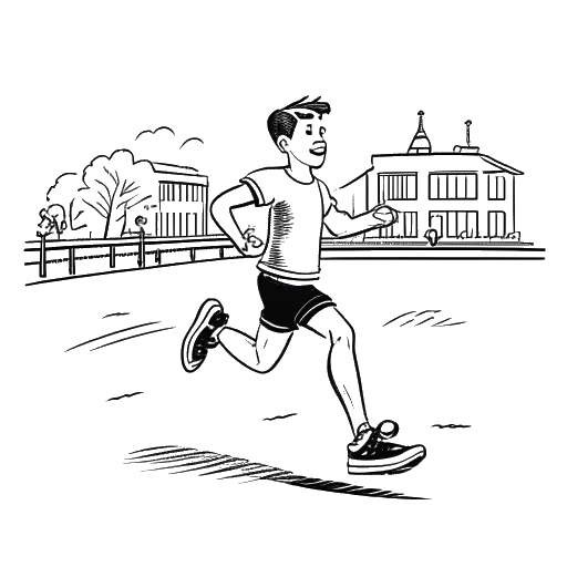 Strichzeichnung eines jungen Mannes, der Ron Bielecki darstellt, der auf einer Laufbahn rennt, mit einem Schulgebäude und einem Geburtstagskuchen im Hintergrund