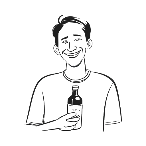 Strichzeichnung eines Mannes, der Ron Bielecki darstellt, der eine Wodkaflasche und einen Bierkrug lächelnd hält