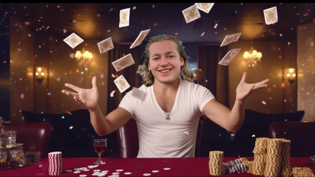 Ron Bielecki in einem Kasino. Die Pokerkarten fliegen durch die Luft.