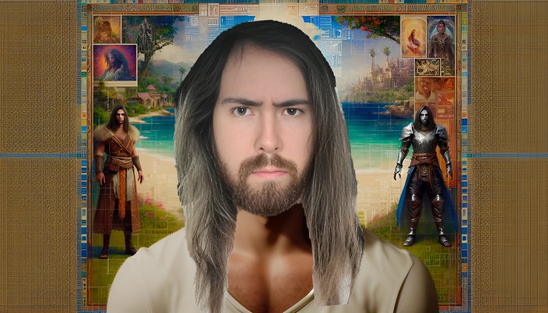 Asmongold, a serious-faced male with fair skin and long straight hair, exuding determination and focus. The background subtly hints at gaming and content creation, reflecting his World of Warcraft journey. The scene merges elements of Florida and Austin, capturing a unique visual narrative.