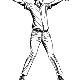Line art drawing of a man with pseudoachondroplasia, representing Bushwick Bill, standing at 3 feet 8 inches tall. He is energetically performing as a dancer, defying expectations. The black and white illustration captures his charisma and larger-than-life presence, all against a white backdrop.