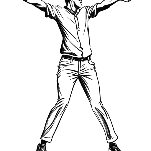 Lijn kunsttekening van een man met pseudoachondroplasie, Bushwick Bill voorstellend, staand op 3 voet 8 inch lang. Hij voert energiek uit als danser, en tart daarmee de verwachtingen. De zwart-wit illustratie vangt zijn charisma en levensgrote aanwezigheid, alles tegen een witte achtergrond.