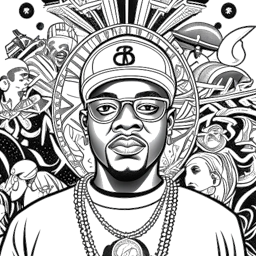Line art drawing of Bushwick Bill, embodying resilience and strength. He stands tall, radiating confidence and hope. Symbolic elements, such as his children, a cross representing his faith, and puzzle pieces symbolizing mental health awareness, encompass his legacy. The black and white illustration captures his empowering journey, all against a white backdrop.