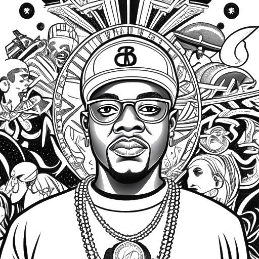 Line art drawing of Bushwick Bill, embodying resilience and strength. He stands tall, radiating confidence and hope. Symbolic elements, such as his children, a cross representing his faith, and puzzle pieces symbolizing mental health awareness, encompass his legacy. The black and white illustration captures his empowering journey, all against a white backdrop.