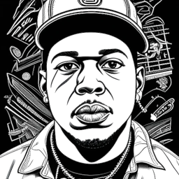 Line art drawing of Bushwick Bill, symbolizing resilience and determination. He stands tall, embodying the triumph over personal struggles. Musical notes and a film strip weave around him, representing his contributions as a rapper and actor. The black and white illustration captures his multi-faceted artistic journey, all against a white backdrop.