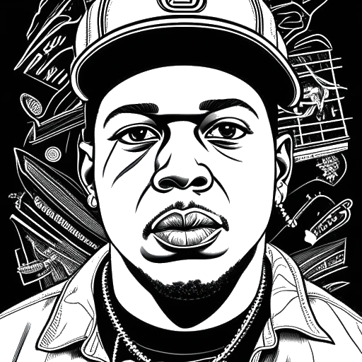 Line art drawing of Bushwick Bill, symbolizing resilience and determination. He stands tall, embodying the triumph over personal struggles. Musical notes and a film strip weave around him, representing his contributions as a rapper and actor. The black and white illustration captures his multi-faceted artistic journey, all against a white backdrop.