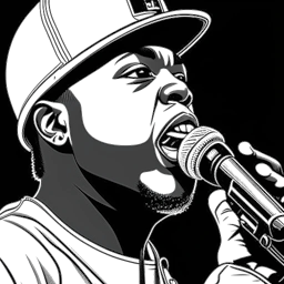Line art drawing of Bushwick Bill, the iconic rapper, on stage with a commanding presence. He holds a microphone in one hand, while the other eye is thoughtfully concealed, reminiscent of the infamous album cover. The black and white illustration evokes his intense energy and unique style, all against a white backdrop.