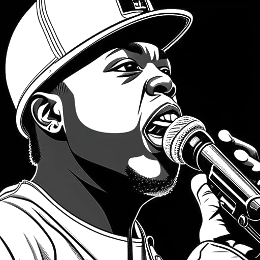 Line art drawing of Bushwick Bill, the iconic rapper, on stage with a commanding presence. He holds a microphone in one hand, while the other eye is thoughtfully concealed, reminiscent of the infamous album cover. The black and white illustration evokes his intense energy and unique style, all against a white backdrop.