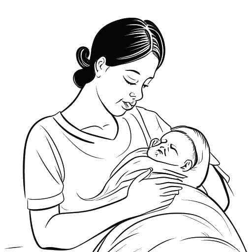 Lijntekening van een bezorgde vrouw in een ziekenhuisbed, die Bushwick Bills moeder vertegenwoordigt, met een pasgeboren baby.