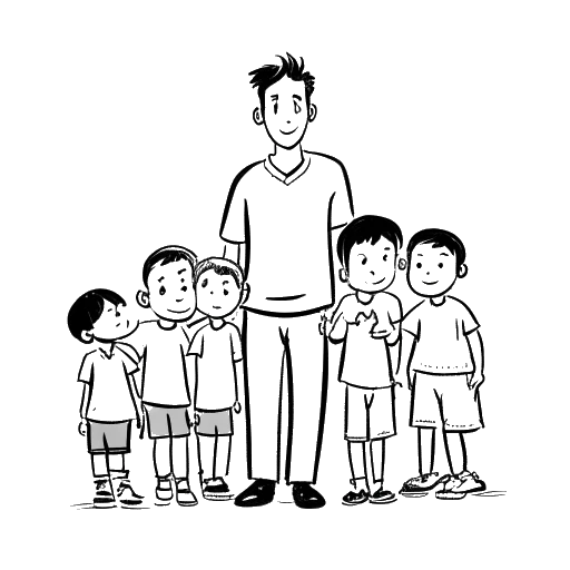 Line art drawing of a man with short stature, representing Bushwick Bill, surrounded by children.