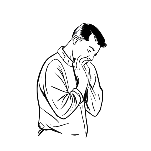 Line art drawing of a man with short stature, representing Bushwick Bill, praying.