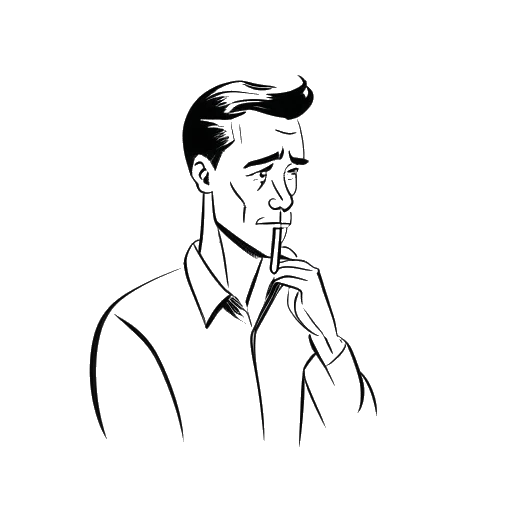 Disegno in bianco e nero di un uomo di bassa statura, rappresentante Bushwick Bill, con uno sguardo pensieroso, che tiene un foglio di carta.