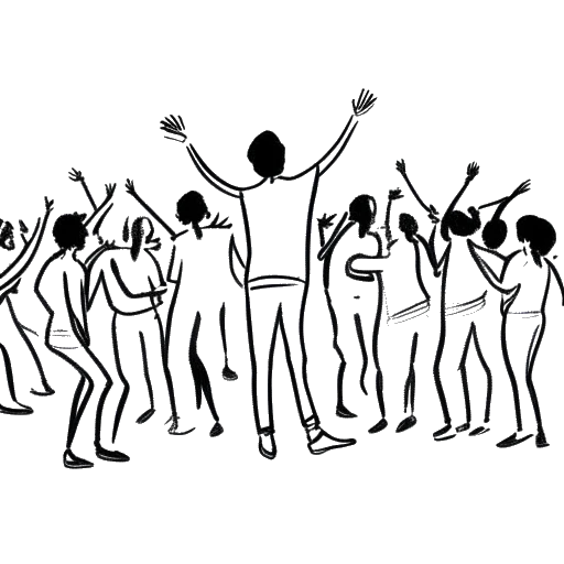 Disegno in bianco e nero di un uomo basso, rappresentante Bushwick Bill, che balla energicamente, circondato da persone.