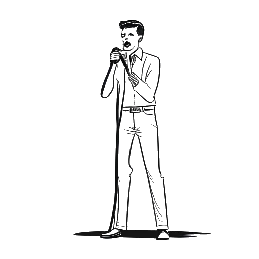 Dibujo en arte lineal de un hombre de baja estatura, representando a Bushwick Bill, de pie alto, sosteniendo un micrófono.