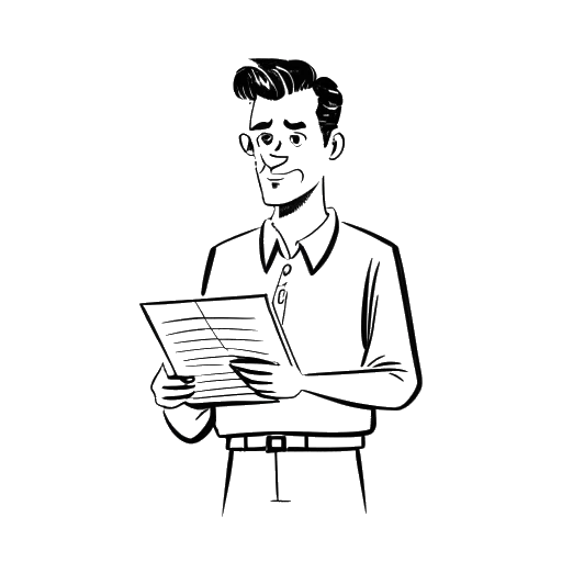 Disegno in bianco e nero di un uomo di bassa statura, rappresentante Bushwick Bill, che tiene tra le mani uno script.
