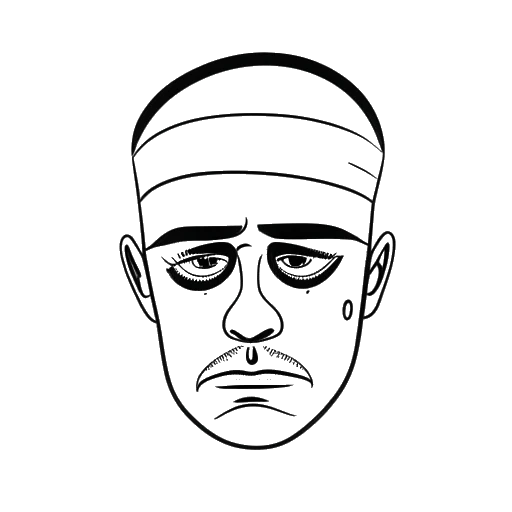 Line art drawing of a man with a bandage over one eye, representing Bushwick Bill, looking sad.