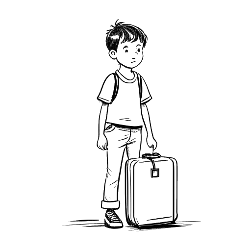 Line art drawing of a young boy, representing Bushwick Bill, with a suitcase, looking determined.