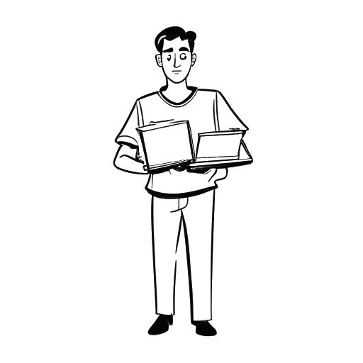Line art drawing of a man with short stature, representing Bushwick Bill, holding multiple albums.