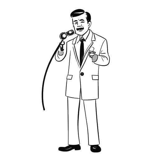 Line art drawing of a man with short stature, representing Bushwick Bill, wearing a doctor's coat and holding a microphone.