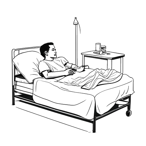 Line art drawing of an album cover with a man in a hospital bed, representing the Geto Boys' 'We Can't Be Stopped' album.