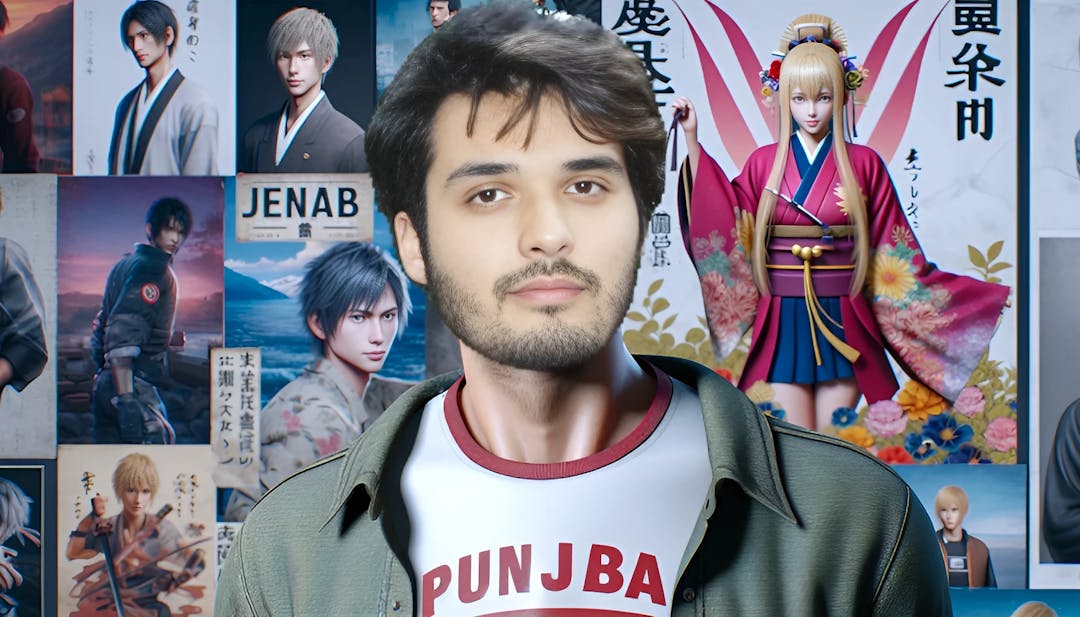 The Anime Man (Joseph Tetsuro Bizinger), mit japanischer Kultur und Anime-Motiven im Hintergrund, gekleidet in einem stylischen Outfit, mit neutralem Gesichtsausdruck, in einem ultrarealistischen Bild.