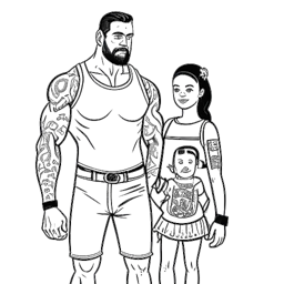 Line art drawing of a man with a woman and a child, symbolizing Cody Rhodes with his family, standing in front of a wrestling school, showcasing a visible tattoo tribute, all against a white backdrop.