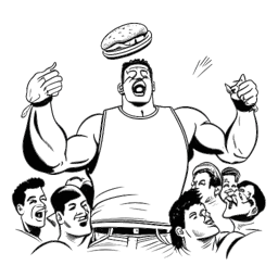 Dibujo de un hombre representando a Cody Rhodes en vestimenta de lucha libre, sosteniendo una hamburguesa, en medio de una multitud de fans adoradores, todo sobre un fondo blanco.