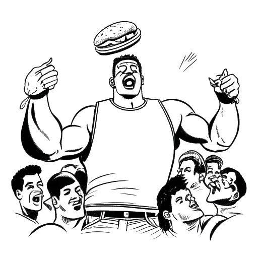 Line art drawing of a man representing Cody Rhodes in wrestling gear, holding a burger, amidst a crowd of adoring fans, all against a white backdrop.