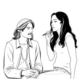 Line art drawing of a man representing Cody Rhodes, with long hair, holding a cigar, enveloped in '90s country music vibes, accompanied by a woman, all against a white backdrop.