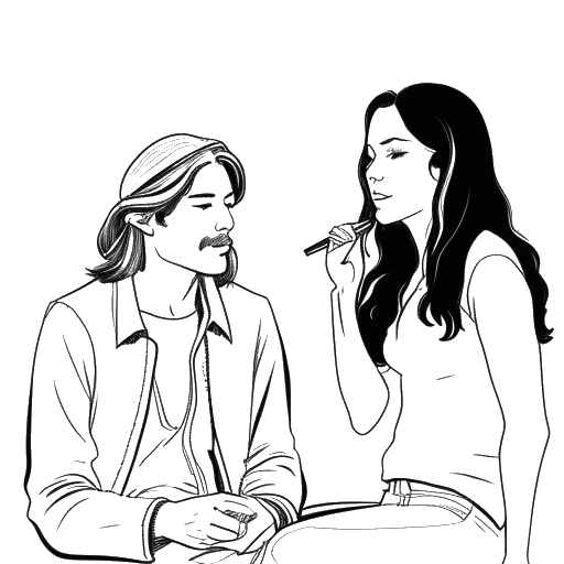 Line art drawing of a man representing Cody Rhodes, with long hair, holding a cigar, enveloped in '90s country music vibes, accompanied by a woman, all against a white backdrop.