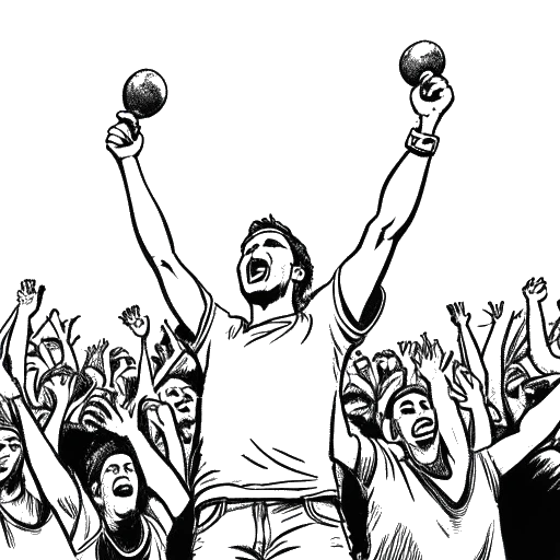 Line art drawing of a man representing Cody Rhodes, triumphantly holding championship belts amidst a jubilant crowd, all against a white backdrop.
